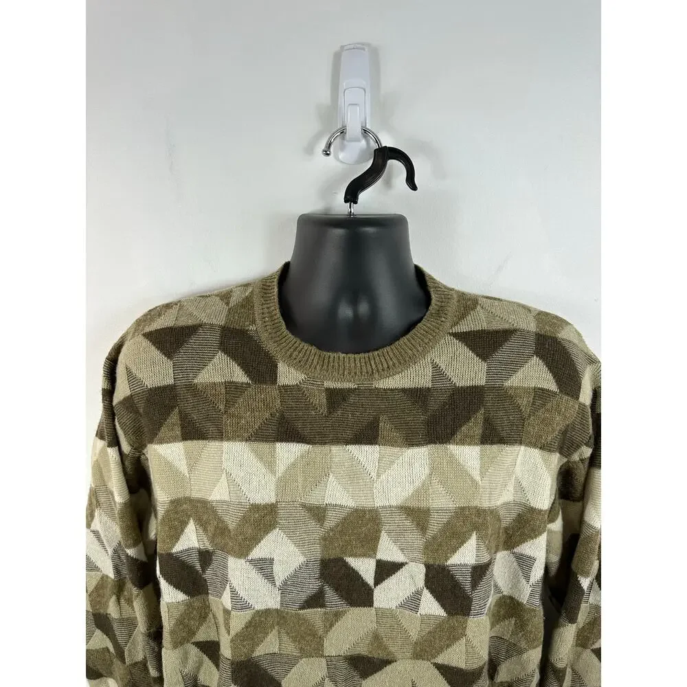 Vintage Geometric Print Wool Blend Crew Sweater Knit Brown Large Crazy Horse